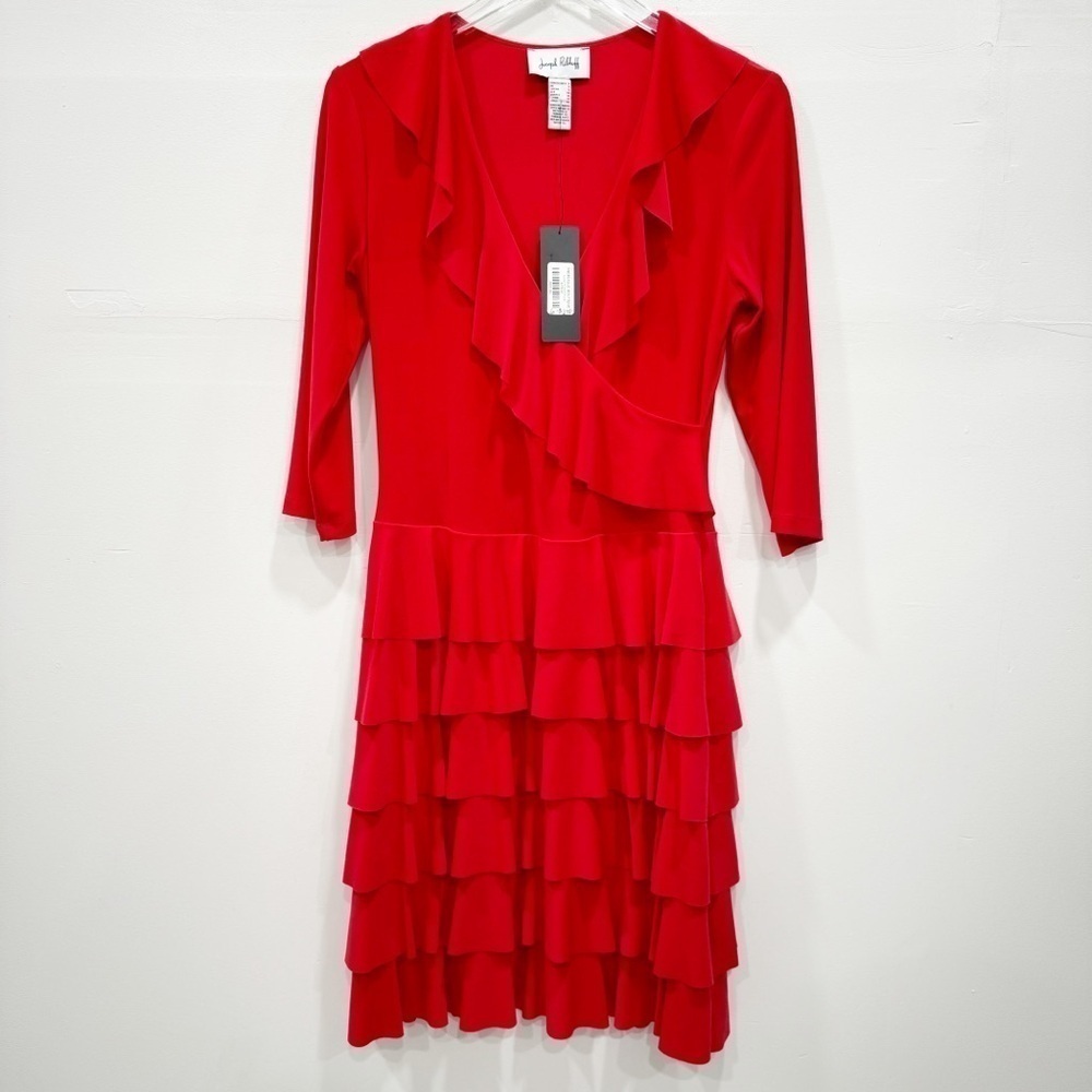 Joseph Ribkoff Red Ruffle Wrap Dress Size 6 - Picture 2 of 8